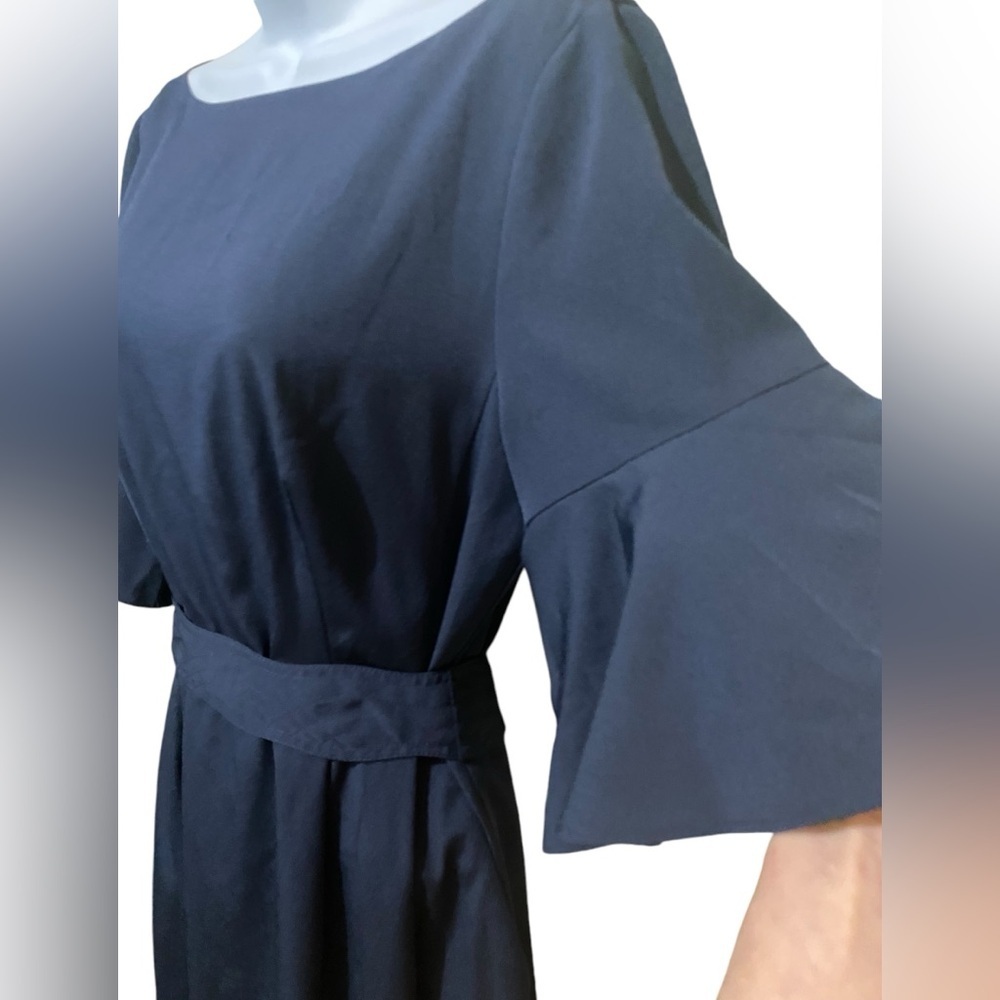 Eliza J Silky Navy Blue Dress Bell Sleeve Sheath Belted Pockets Preppy Office - Picture 9 of 16